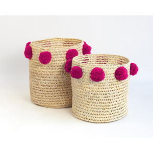 Sada 2 úložných košíků z palmových vláken s tmavě růžovými dekoracemi Madre Selva Milo Basket