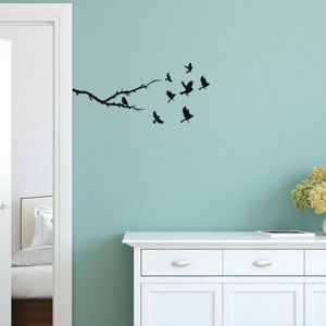 Dekorativní samolepka na zeď ve tvaru větve a ptáčků, 50 x 22 cm