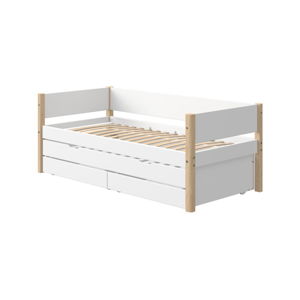 Bílá dětská postel s přídavným výsuvným lůžkem a úložným prostorem a nohami z březového dřeva Flexa White