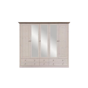 Bílá šatní skříň z borovicového dřeva s hnědou deskou a zrcadly Steens Monaco
