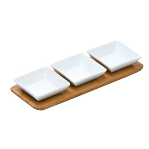 Sada 3 servírovacích porcelánových misek na bambusovém tácku Premier Housewares Snacks