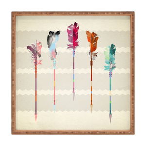 Dřevěný dekorativní servírovací tác Feathers, 40 x 40 cm