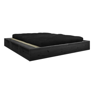 Černá dvoulůžková postel z masivního dřeva s černým futonem Comfort a tatami Karup Design, 160 x 200 cm