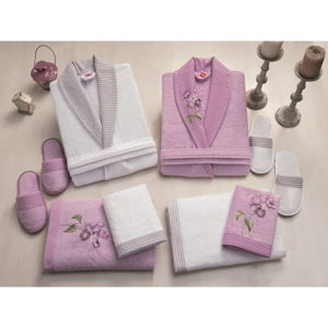 Set dámského a pánského županu, ručníků, osušek a 2 párů pantoflí v bílé a fialové barvě Family Bath