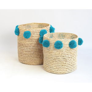 Sada 2 úložných košíků z palmových vláken s tyrkysovými dekoracemi Madre Selva Milo Basket