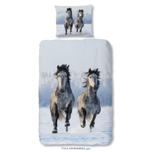 Dětské flanelové bavlněné povlečení na jednolůžko Good Morning Snow Horses, 140 x 200 cm