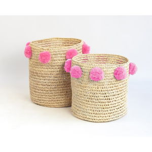 Sada 2 úložných košíků z palmových vláken s růžovými dekoracemi Madre Selva Milo Basket