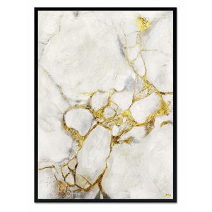 Nástěnný ručně malovaný obraz JohnsonStyle White & Gold Marble Black Frame, 53 x 73 cm