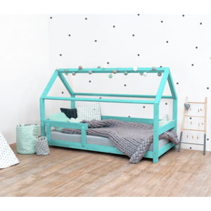 Tyrkysová dětská postel s bočnicí ze smrkového dřeva Benlemi Tery, 90 x 160 cm