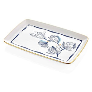 Bílý porcelánový servírovací talíř s modrými květy Mia Bleu, 34 x 25 cm